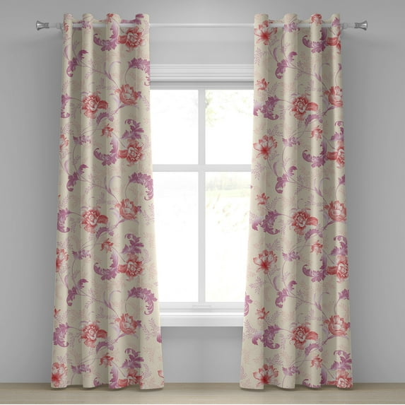 Ambesonne Spring Grommet Curtain, Abstract Flora Illustration, 50"x120", Pale Fuchsia and Dark Coral