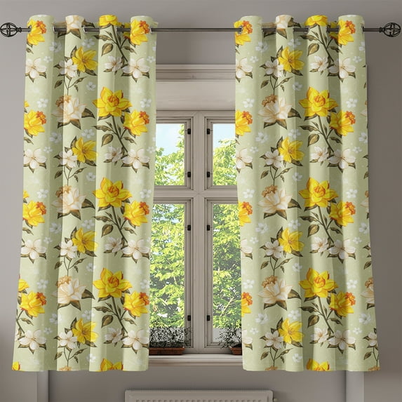 Ambesonne Spring Grommet Curtain, Floral Narcissus Branch, 50" x 63", Yellow Khaki Cream