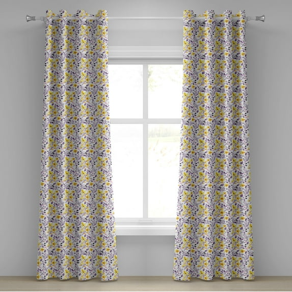 Ambesonne Watercolor Grommet Curtain, Yellow Wildflowers, 50" x 120", Yellow Purple White