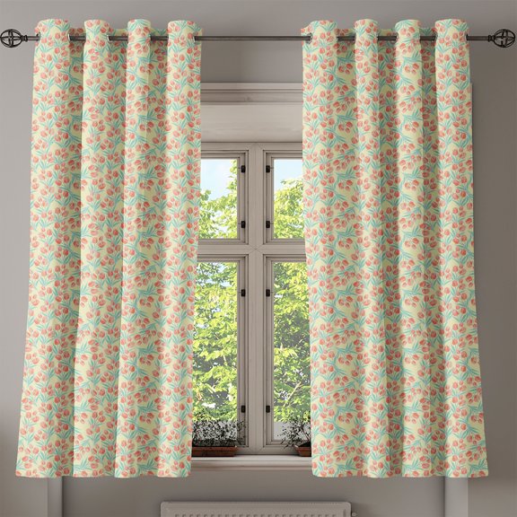 Ambesonne Spring Grommet Curtain, Seasonal Tulips Pattern, 50" x 63", Ivory Coral and Green