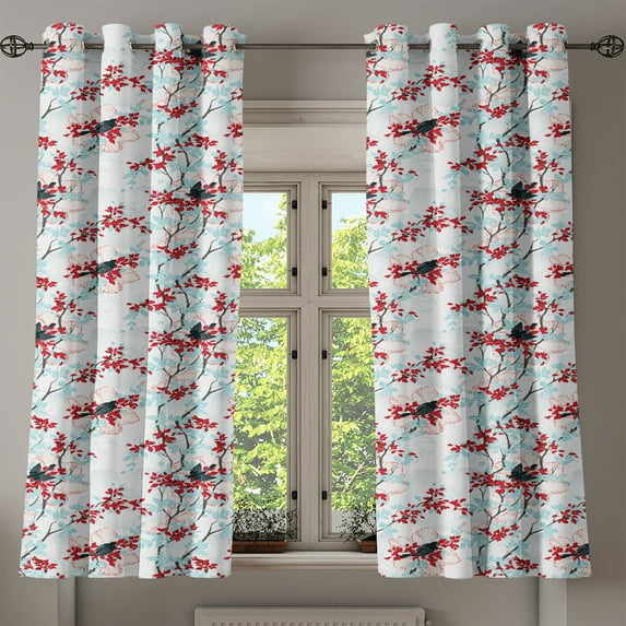 Ambesonne Spring Grommet Curtain, Vintage Chinese Trees, 50" x 54", Pale Blue Red White