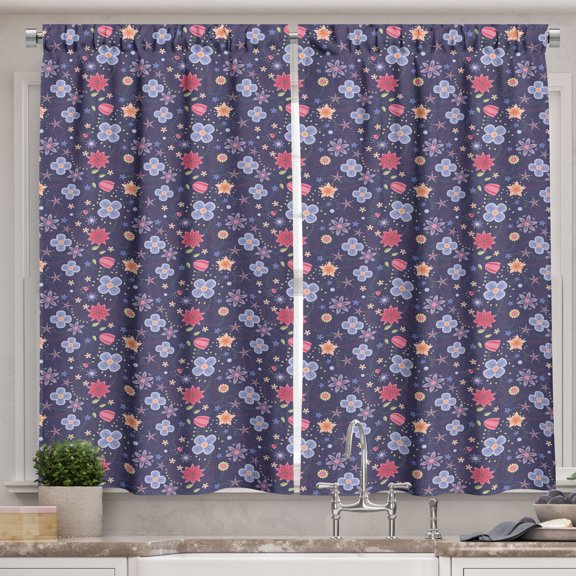 Ambesonne Spring Kitchen Curtains, Colorful Theme Petals Doodle, 55"x36", Multicolor