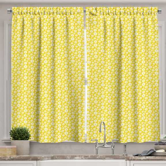 Ambesonne Spring Kitchen Curtains, Daisy Romance on Yellow Art, 55"x36", Yellow White