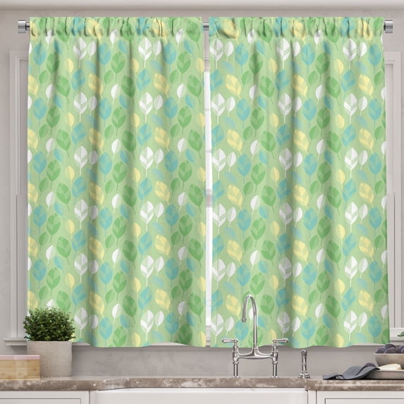 Ambesonne Spring Kitchen Curtains, Dotted Striped Leaves Art, 55"x24", Pistachio Green and White