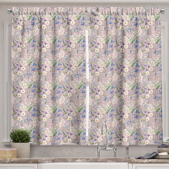 Ambesonne Spring Kitchen Curtains, Farm Flower Lilacs Bloom, 55"x39", Lilac Blue and White