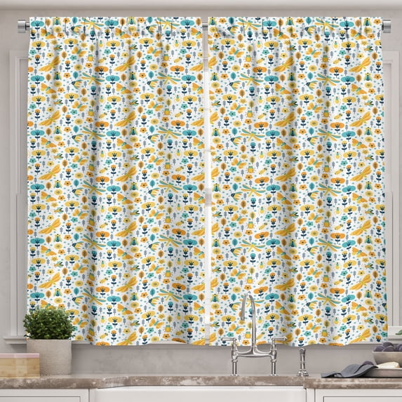 Ambesonne Spring Kitchen Curtains, Flower Blooms and Bugs, 55"x39", Multicolor
