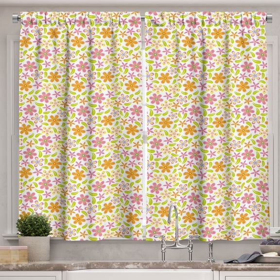 Ambesonne Spring Kitchen Curtains, Flower Garden Art Season, 55"x45", Lime Green Pink and Orange