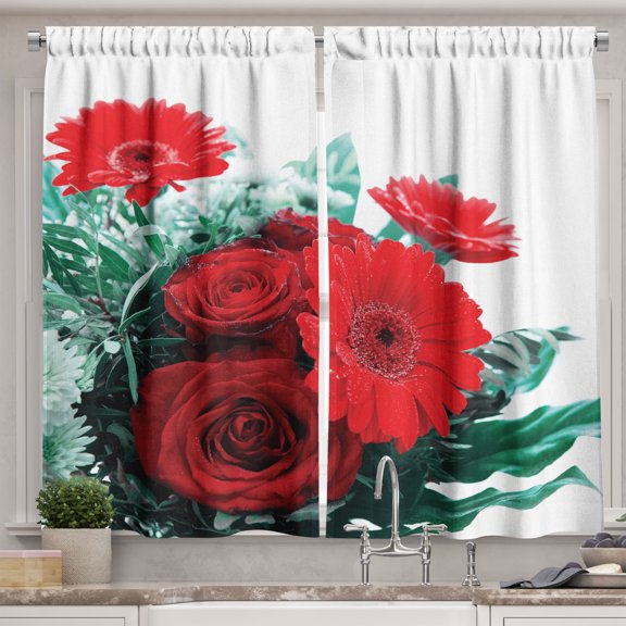 Ambesonne Spring Kitchen Curtains, Gerberas and Roses Print, 55"x30", Dark Coral Reseda Green