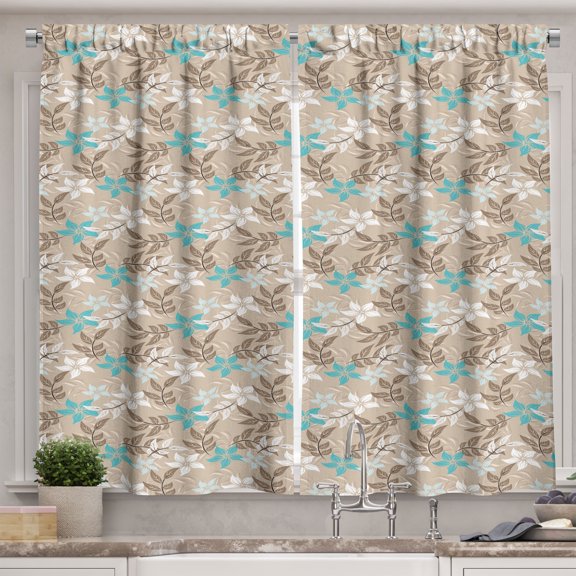 Ambesonne Spring Kitchen Curtains, Leaf Flower Silhouettes Art, 55"x30", Pale Sepia Seafoam