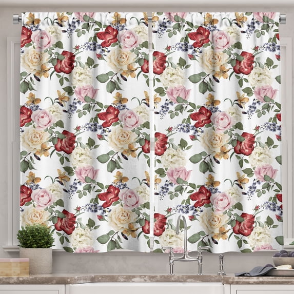 Ambesonne Spring Kitchen Curtains, Lilacs Roses Flowers, 55"x39", Pale Pink Cream