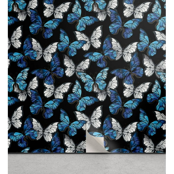 Ambesonne Spring Peel & Stick Wallpaper for Home, Butterflies Floral Realistic, 13"x36", Deep Sky Blue and White