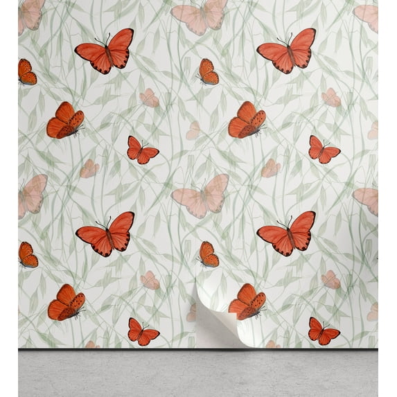 Ambesonne Spring Peel & Stick Wallpaper for Home, Butterflies Leaf Botanical, 13"x36", Burnt Sienna and Pale Green
