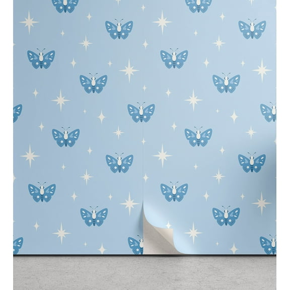 Ambesonne Spring Peel & Stick Wallpaper for Home, Butterflies Stars Pattern, 13"x36", Pale Azure Blue and White
