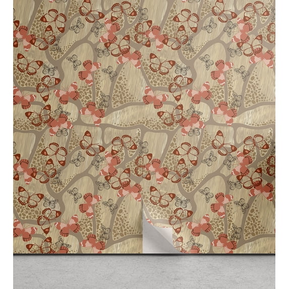 Ambesonne Spring Peel & Stick Wallpaper for Home, Butterflies Whimsical Shapes, 13"x100", Salmon Pastel Brown and Tan