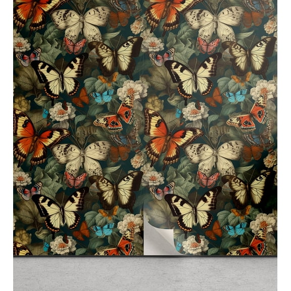 Ambesonne Spring Peel & Stick Wallpaper for Home, Butterfly Floral Nature Art, 13"x36", Burnt Orange and Seafoam