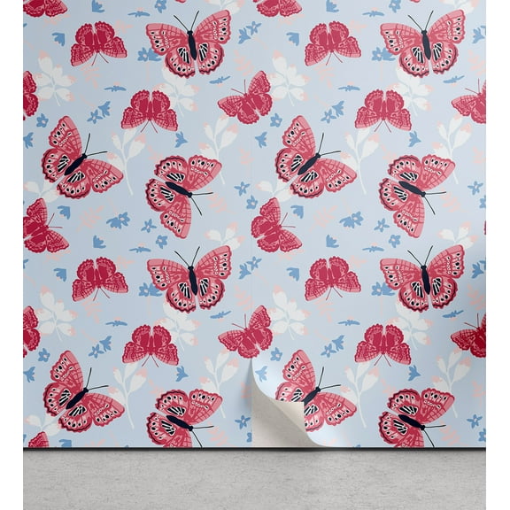 Ambesonne Spring Peel & Stick Wallpaper for Home, Butterfly Flower Leaf Floral, 13"x100", Dark Coral and Ceil Blue