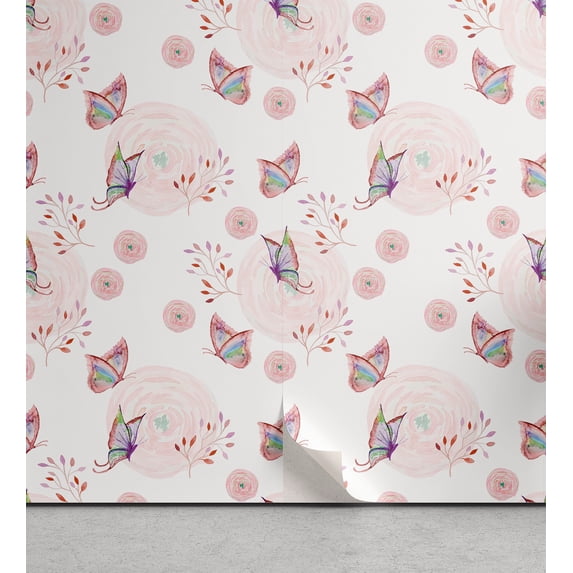 Ambesonne Spring Peel & Stick Wallpaper for Home, Butterfly Flowers Rustic Art, 13"x36", Pale Rose Navy Blue