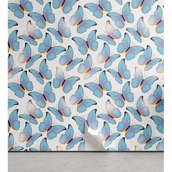 Ambesonne Spring Peel & Stick Wallpaper for Home, Butterfly Vintage Tropical, 13"x100", Pale Azure Blue and Lilac