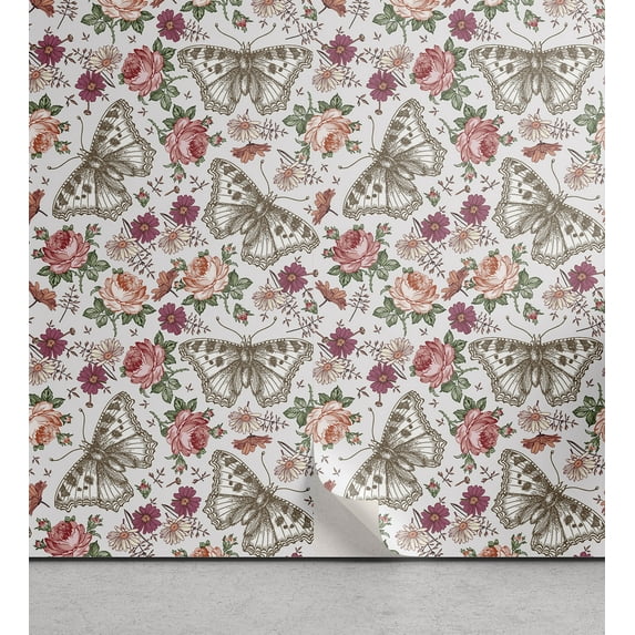 Ambesonne Spring Peel & Stick Wallpaper for Home, Butterfly Wildflower Plot, 13"x72", Dried Rose and Sage Green