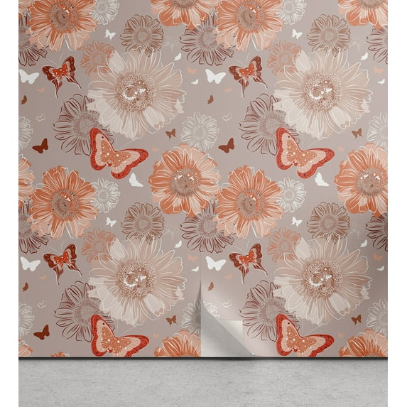 Ambesonne Spring Peel & Stick Wallpaper for Home, Chamomiles Butterflies Plot, 13"x100", Pale Taupe and Cinnamon