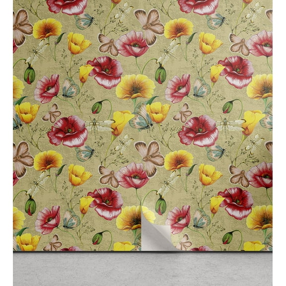 Ambesonne Spring Peel & Stick Wallpaper for Home, Flowers Butterfly Vintage, 13"x36", Pale Orange Grey Teal