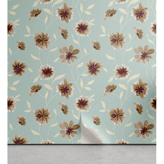 Ambesonne Spring Peel & Stick Wallpaper for Home, Flowers Foliage Vertical, 13"x100", Dark Mauve and Seafoam