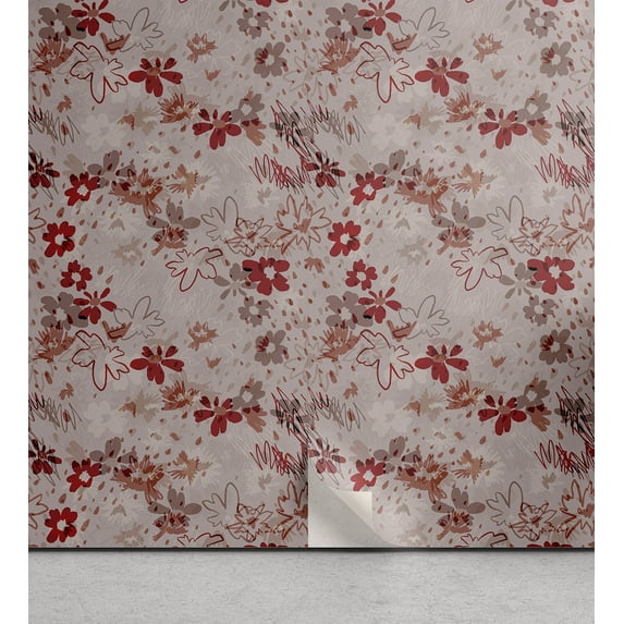 Ambesonne Spring Peel & Stick Wallpaper for Home, Flowers Outline Drawings Art, 13"x36", Pale Maroon and Grey