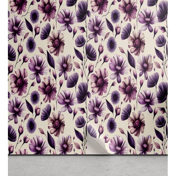 Ambesonne Spring Peel & Stick Wallpaper for Home, Flowers Watercolor Plain Art, 13"x36", Dark Purple and Pale Taupe