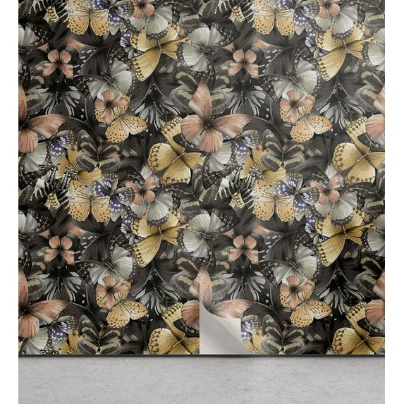 Ambesonne Spring Peel & Stick Wallpaper for Home, Grunge Butterflies Pattern, 13"x100", Warm Taupe and Dark Grey