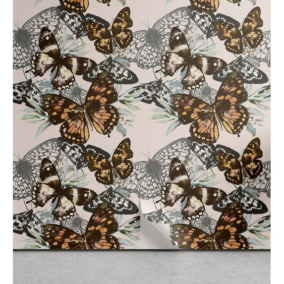 Ambesonne Spring Peel & Stick Wallpaper for Home, Grunge Vintage Butterfly Art, 13"x72", Dark Cocoa and Almond Green