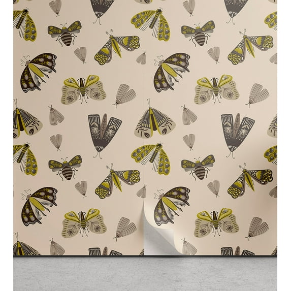 Ambesonne Spring Peel & Stick Wallpaper for Home, Night Moths Floral Wings, 13"x100", Pale Earth Yellow and Tan