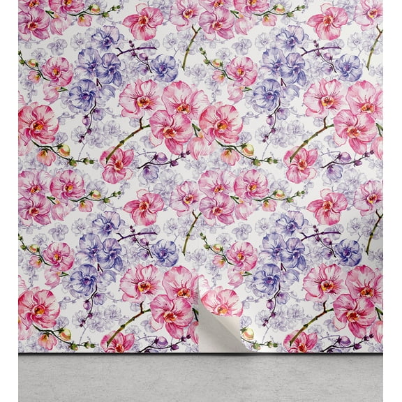 Ambesonne Spring Peel & Stick Wallpaper for Home, Orchids Watercolor Pattern, 13"x72", Dark Pink and Olive Green