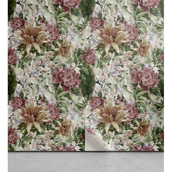 Ambesonne Spring Peel & Stick Wallpaper for Home, Painting Look Summer Floral, 13"x36", Olive Green and Pale Ruby