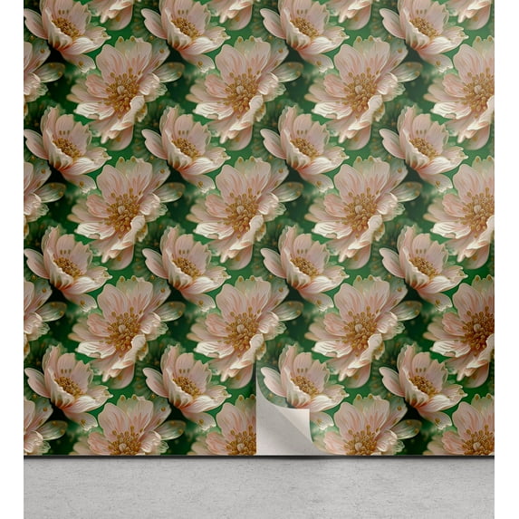 Ambesonne Spring Peel & Stick Wallpaper for Home, Peachy Petals Nature Pattern, 13"x100", Pale Rose and Fern Green