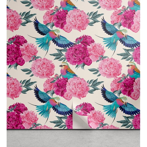 Ambesonne Spring Peel & Stick Wallpaper for Home, Peonies Birds Garden Art, 13"x72", Hot Pink and Petrol Blue