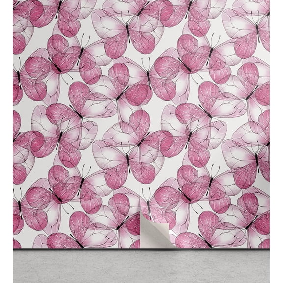 Ambesonne Spring Peel & Stick Wallpaper for Home, Pink Butterflies Watercolor, 13"x100", Pale Fuchsia and White