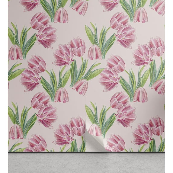 Ambesonne Spring Peel & Stick Wallpaper for Home, Simplistic Tulips Pattern, 13"x72", Pastel Pink and Pale Green