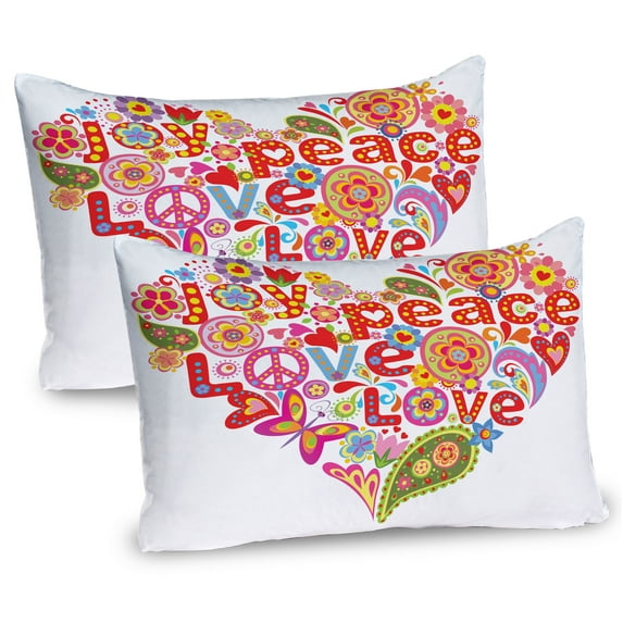Ambesonne Spring Pillow Sham 2 Pack, Hippie Floral Heart Sign, 30"x20", Multicolor