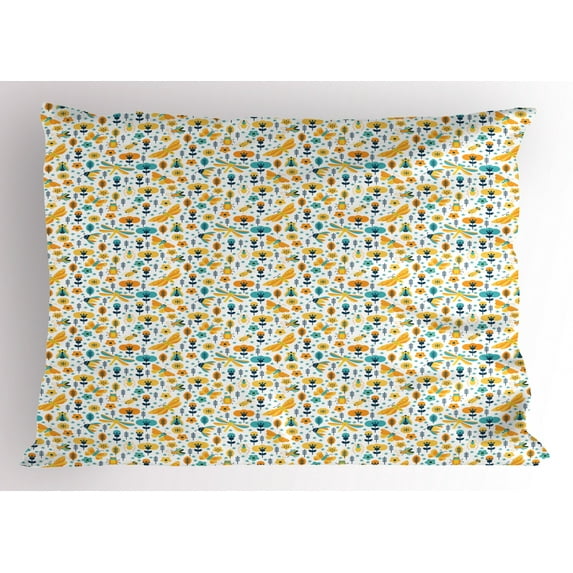 Ambesonne Spring Pillow Sham, Flower Blooms and Bugs, 36" X 20", Multicolor