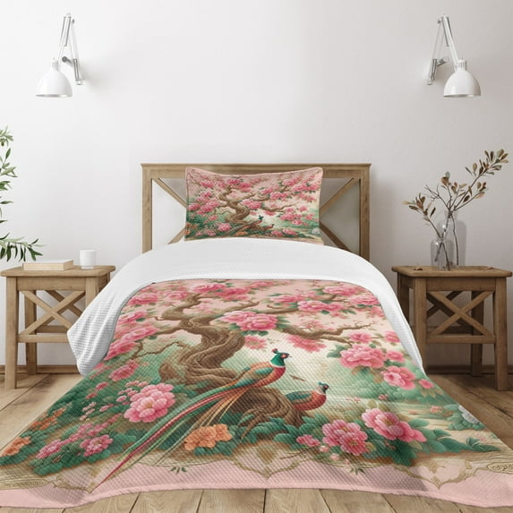 Ambesonne Spring Quilted Bedspread Set 2 Pcs, Asian Floral Tree Peacock, Twin Size, Pastel Pink Jade Green