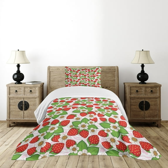 Ambesonne Spring Quilted Bedspread Set 2 Pcs, Floral Strawberry Scene, Twin Size, Green Red