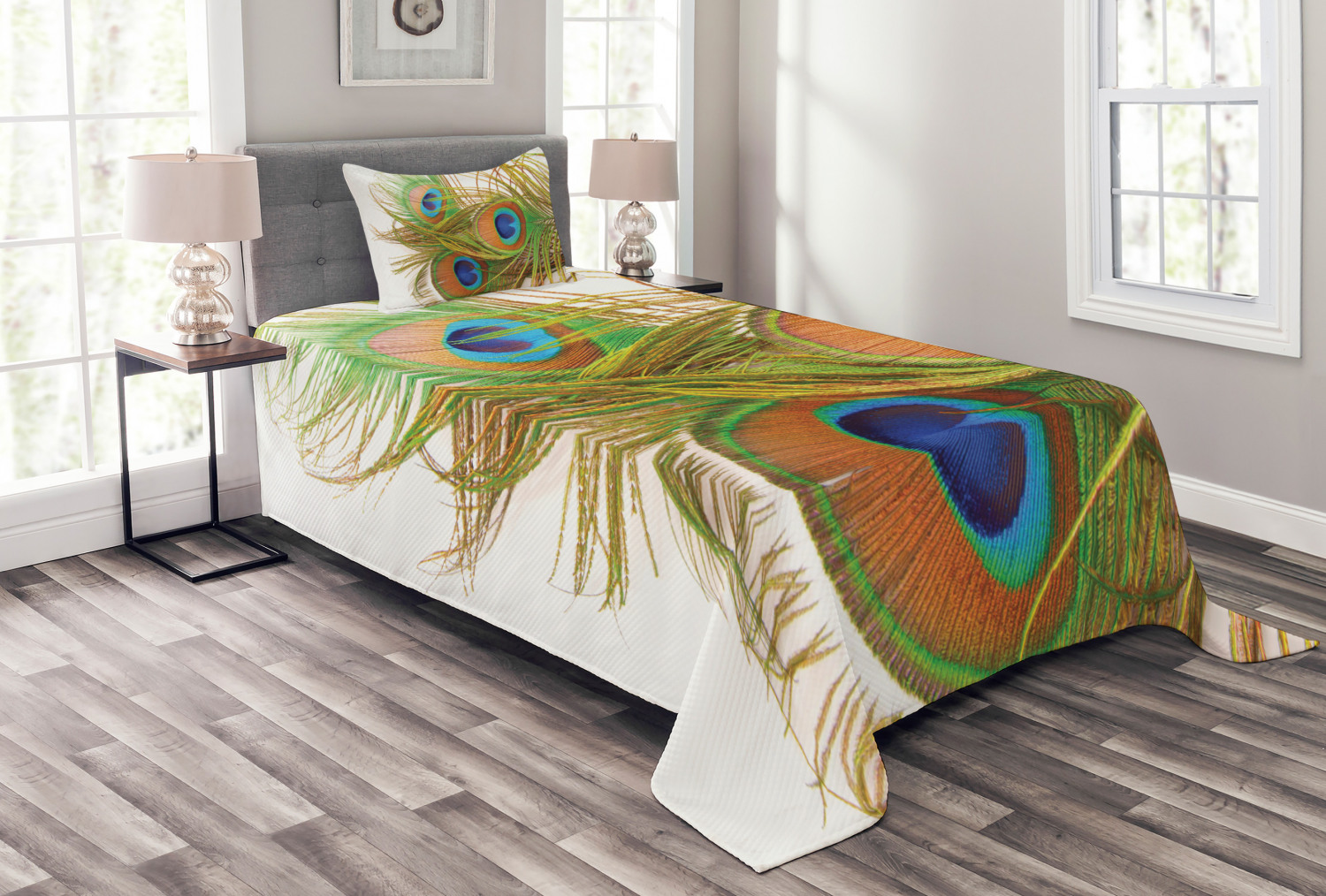 White Twin Quilted Bedspread Set with Peacock Feathers