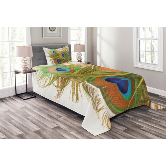 Ambesonne Spring Quilted Bedspread Set 2 Pcs, Modern Peacock Feathers, Twin Size, Blue Green Pale Brown