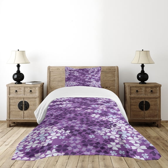 Ambesonne Spring Quilted Bedspread Set 2 Pcs, Spring Romantic Meadow, Twin Size, Purple White