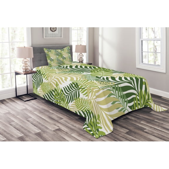 Ambesonne Spring Quilted Bedspread Set 2 Pcs, Tropic Exotic Palm Trees, Twin Size, Green Ecru