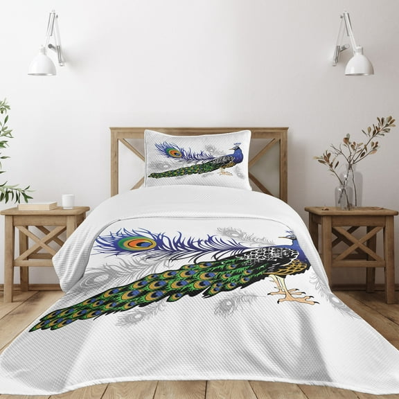 Ambesonne Spring Quilted Bedspread Set 2 Pcs, Wild Peacock Feather, Twin Size, Multicolor