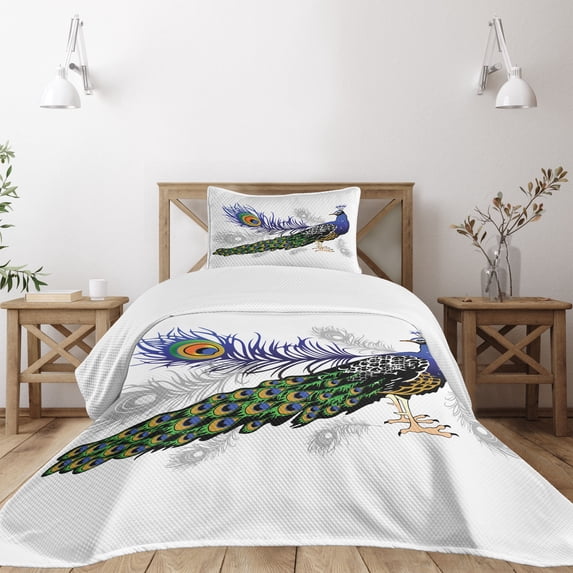 Ambesonne Spring Quilted Bedspread Set 2 Pcs, Wild Peacock Feather, Twin Size, Multicolor