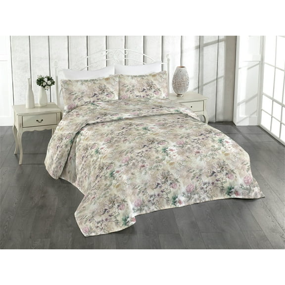 Ambesonne Spring Quilted Bedspread Set 3 Pcs, Blooming Branches Leaves Art, Queen, Pale Tan Sage Green