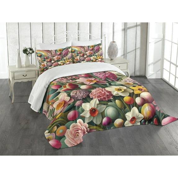 Ambesonne Spring Quilted Bedspread Set 3 Pcs, Colorful Scenario Floral, King Size, Blush Magenta Sea Green