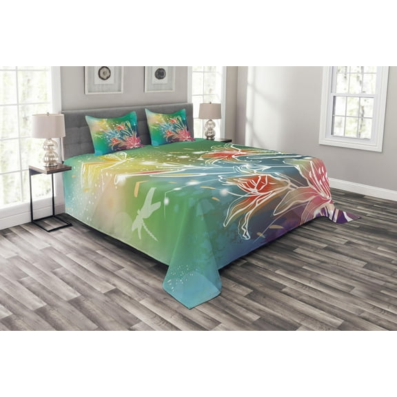 Ambesonne Spring Quilted Bedspread Set 3 Pcs, Digital Lilacs Dragonfly, Queen Size, Fern Green Purple